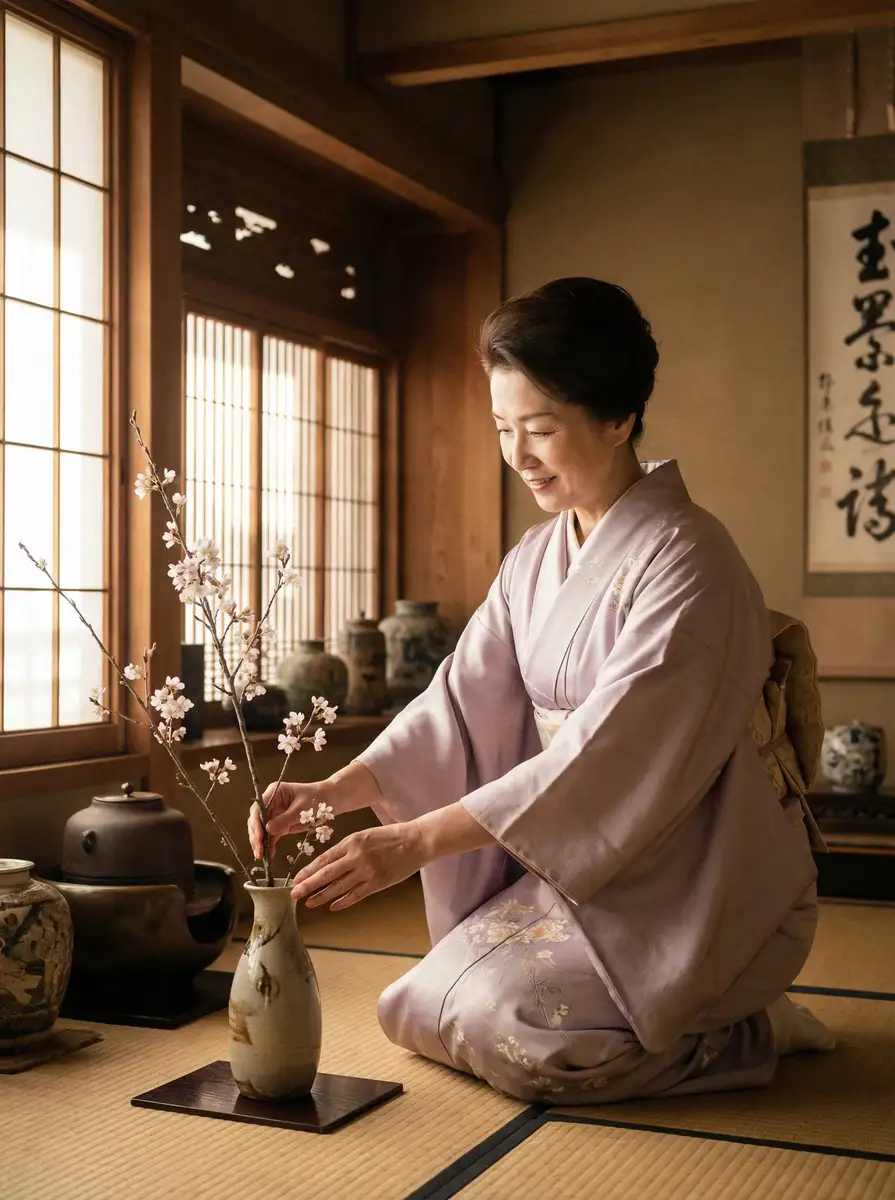 一位优雅的 灭火宝贝杰克影院 在和室中插花